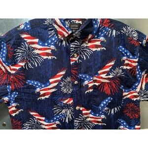 Cotton Traders Sport US Flag Bald Eagle Fireworks 100% Cotton Button Up Shirt M
